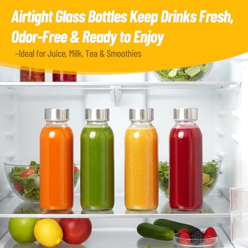 10 oz Glass Juice Bottles Set of 6 Leakproof BPA-Free Reusable with Stainless Steel Lids & Straws