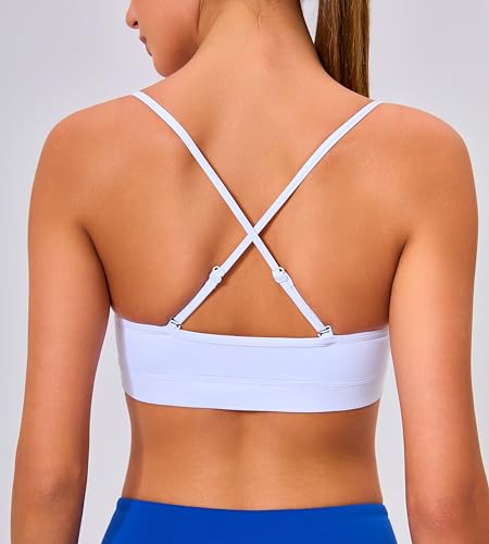 Women's V Neck Sports Bra with Padding & Thin Straps - Medium White