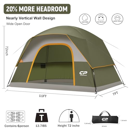 CAMPROS CP Waterproof 4-6 Person Dome Tent - Olive, Easy Setup, Windproof Camping Shelter