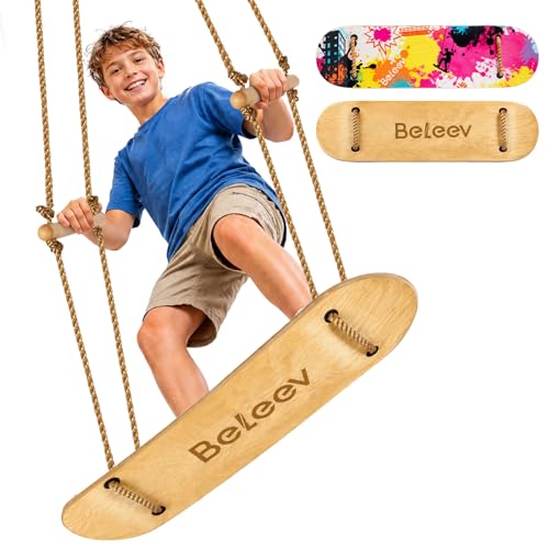 BELEEV Classic Wood 31-Inch Skateboard Swing for Kids & Adults, Adjustable Handles & Ropes