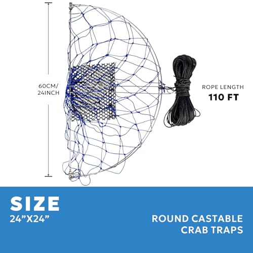 Castable Crab Trap Kit - Foldable 24-Inch Net with 110ft Line & Bait Pin - Variation CN004A-2
