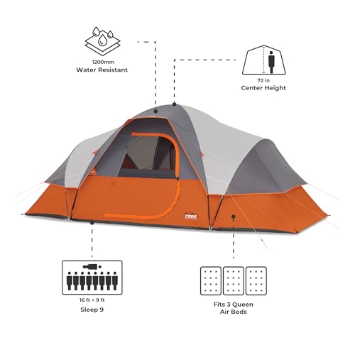 CORE 9-Person Dome Tent for Family Camping & Backpacking with Gear Loft