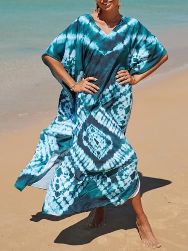 Turquoise Geometric Tie Dye Kaftan Dress - Plus Size Beach Cover Up