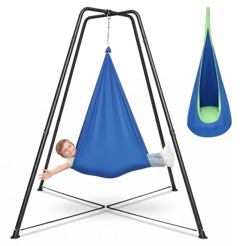 Light Blue Sensory Swing Set with Stand - Heavy-Duty Kids Indoor & Outdoor Autism Therapy Hammock, 350LBS Capacity