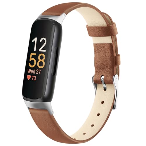 Vancle Leather Band for Fitbit Inspire 3 - Brown Genuine Leather Strap for Inspire 2 & HR