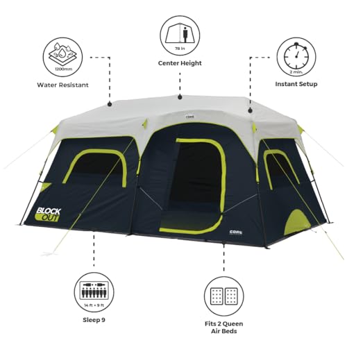 9 Person Blackout Instant Cabin Tent - Large Family Pop Up Dark Room Camping Shelter