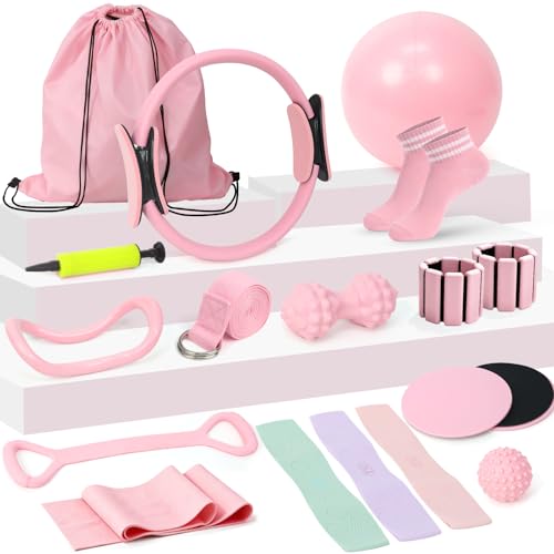 Pink Pilates Equipment Kit for Women, 19 Pieces Home Workout Set