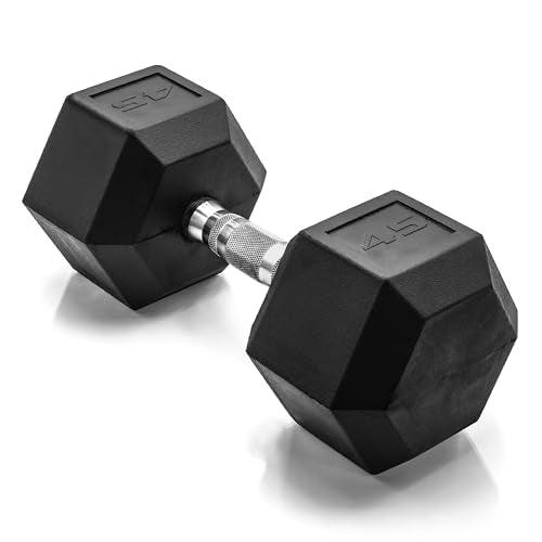 CAP Rubber Coated Hex Dumbbell - 45 lb Chrome Handle Anti-Roll Weights