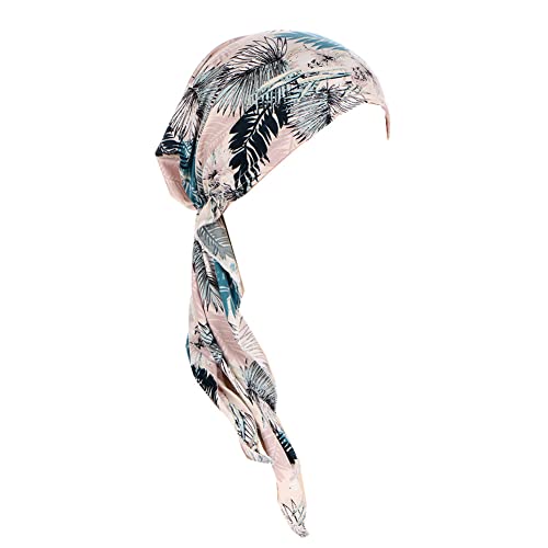 Women Floral Print Tie Back Beanies Turban for Cancer Hair Loss - Light Pink Leaves