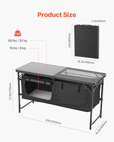 Camping Kitchen Table Black - Foldable Outdoor Cooking Station with Adjustable Heights