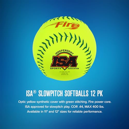 Baden ISA® Slowpitch Softballs 12 Inch Optic Yellow Synthetic Cover, Green Stitching