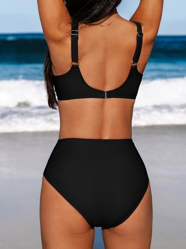 CUPSHE Women's High Waist Bikini Set with Underwire - Black, Large