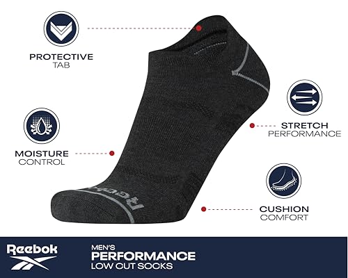 Reebok Men's Low Cut Socks 6 Pairs Black Cushioned Moisture Wicking Athletic