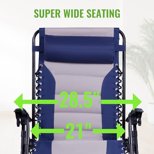 Cream/Navy Deluxe XL Padded Zero Gravity Recliner Chair with Side Tray - Outdoor Lounger