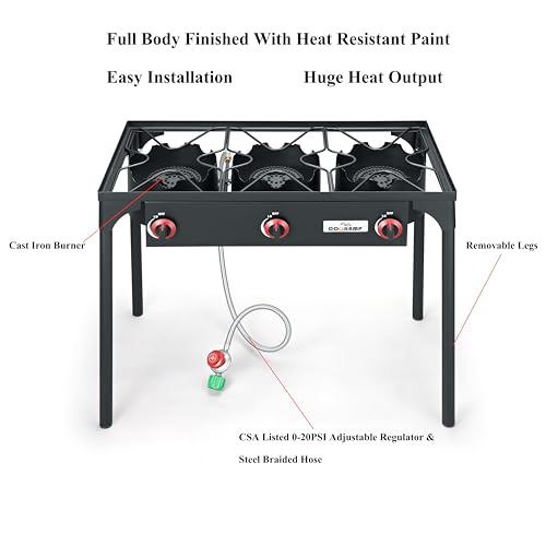 COOKAMP 3 Burner Propane Camping Stove - High Pressure Portable Outdoor Cooker with Regulator & Hose