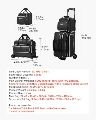 VEVOR Black 3-Ball Bowling Bag Double Roller with Shoe Compartment