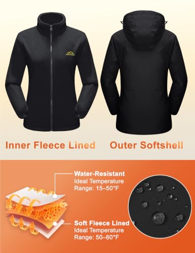 Women's 3-in-1 Winter Snow Ski Jacket Waterproof Windproof Fleece Lined Black Large