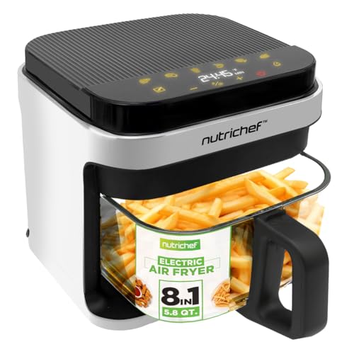 NutriChef 5.8 Qt White Air Fryer with 8 Cooking Presets & Glass Bowl
