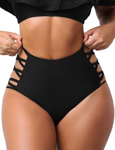 Women's High Waist Bikini Bottoms Tummy Control Strappy Sides XX-Large Black