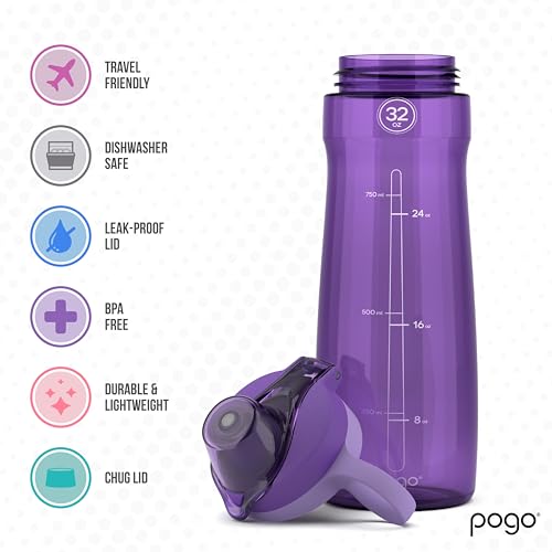 Pogo BPA-Free 32oz Water Bottle with Chug Lid - Purple, Leakproof Drinkware