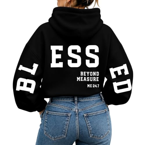 Christian Women Hoodies Blessed Sweatshirt Jesus Religious Saying Large Black