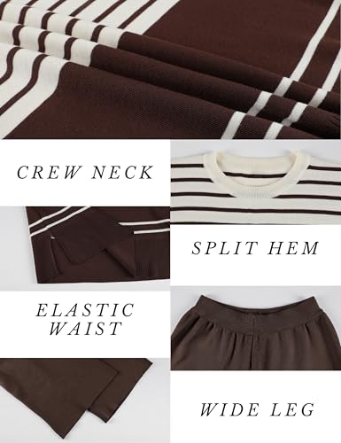 Women's 2 Piece Knit Striped Sweater Lounge Set - Large Coffee