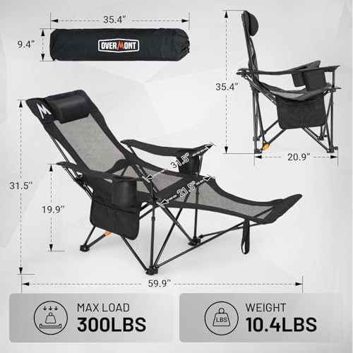 Overmont 2 Pack Reclining Camping Chairs with Footrest – Lightweight & Portable, Black