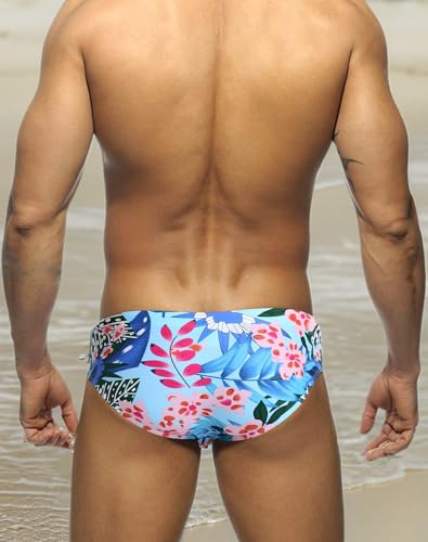 Men Swimsuit Bikini Briefs with Adjustable Drawstring - Large Flowerblue