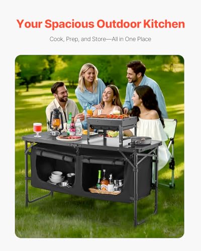 Camping Kitchen Table Black - Foldable Outdoor Cooking Station with Adjustable Heights