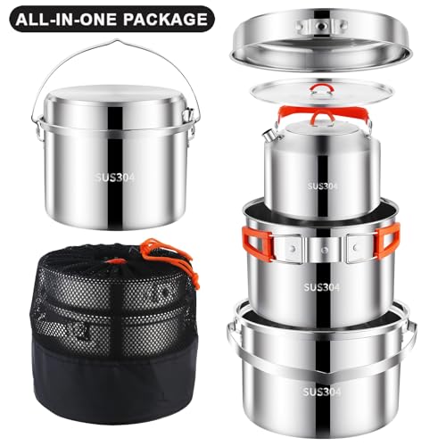 Camping Cookware Set 304 Stainless Steel Pots and Pans for Outdoor Cooking