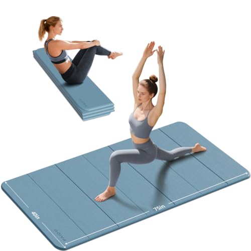 PAIDU Foldable Yoga Mat 10MM Thick 75’’x40’’ with Blue Gray Variation, Quick Storage