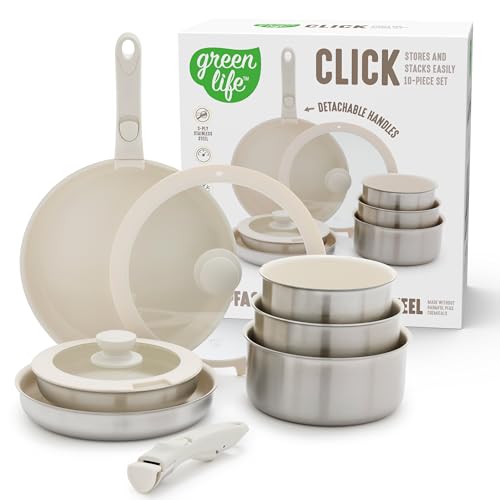 GreenLife Stainless Steel Nonstick 10-Piece Cookware Set with Detachable Handles - Induction Ready, Space Saving, Oven Safe, Glass Lids