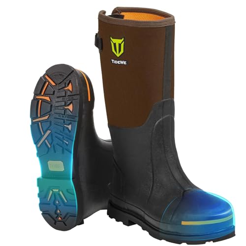 TIDEWE Men's Brown Rubber Work Boots with Steel Toe & Shank, Waterproof, Size 11