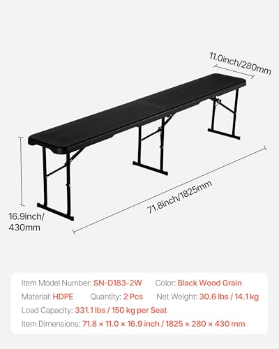 Black 6ft Plastic Folding Bench for Outdoor Camping & Picnics - Portable & Stable