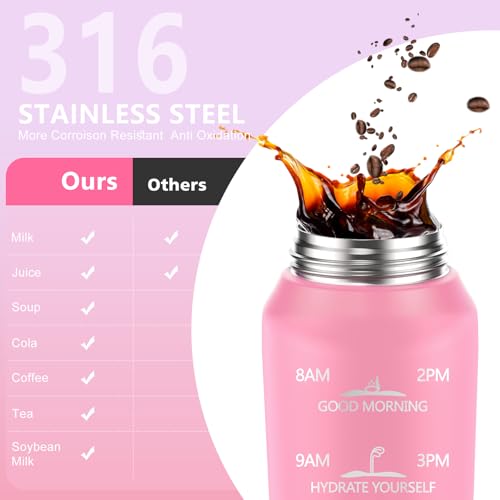 Insulated 32oz Water Bottle with 2 Lids - Pink & White, Double Wall Stainless Steel