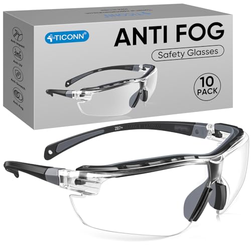 TICONN 10 Pack Anti-Fog Safety Glasses for Men & Women, Clear UV Impact-Resistant