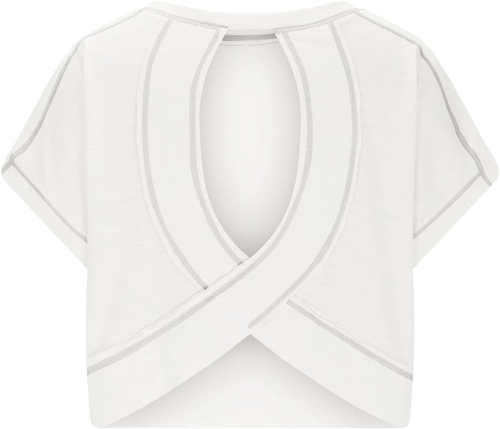 VIEWON Women's Workout Top - Open Back Short Sleeve Gym Yoga Tee | Y2K Crop Design