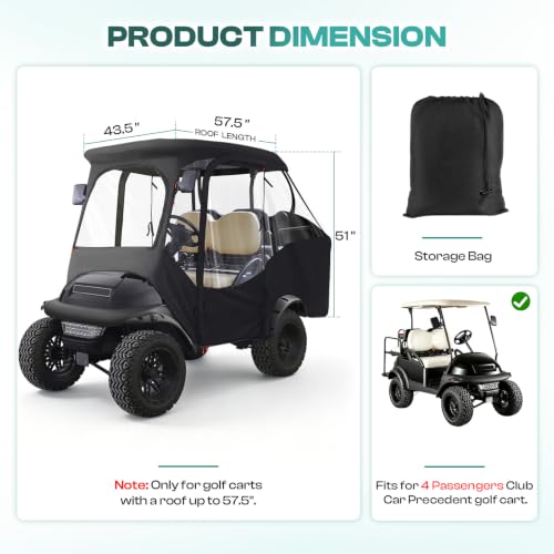 Golf Cart Enclosure for Club Car Precedent - Waterproof 4 Passenger Cover with Zippered Doors & Clear Windows