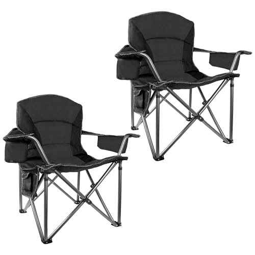 CRKOIAXEP Heavy Duty Folding Camping Chair Black 2 - 500lbs Oversized Padded Outdoor Seat with Cooler & Cup Holder