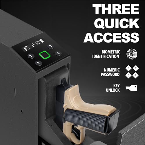 Biometric Slider Handgun Safe with LCD Screen, Temp & Humidity, Key & PIN Access - Heavy Duty