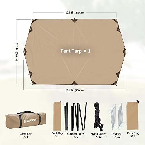 Khaki Camping Tarp 16x9.8ft with Poles Waterproof Rain Fly for Outdoor Travel