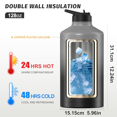 128oz Insulated Water Bottle - BPA Free & Leak Proof, Grey Black