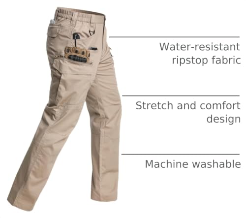 Men's Stretch Ripstop Tactical Cargo Pants - Water-Resistant Hiking Work Pants, 32W x 32L Khaki