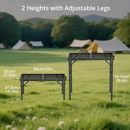 Portable Grill Table 35 Inch x 21.65 Inch with 2 Adjustable Heights - Durable Aluminum Frame, Heat-Resistant Mesh Top, Easy Carry