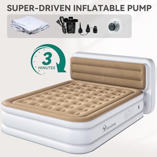 Queen Size Air Mattress with Pump & Banded Headboard - White & Brown, 18in Luxury Flocked Top, Inflatable Bed for Home & Guests