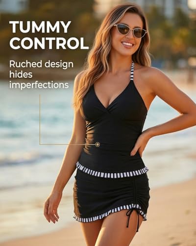 Women Tankini Swimsuit with Skirt - Tummy Control Two-Piece Bathing Suit - Medium Black Striped