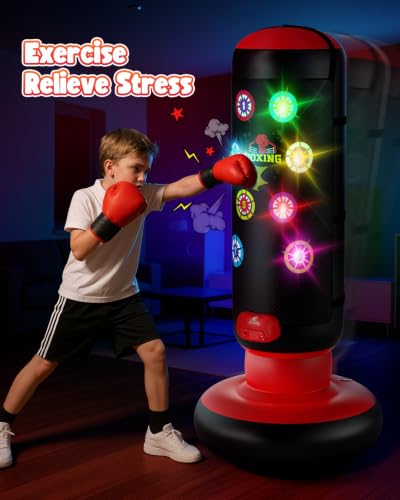 Kids Inflatable Punching Bag Set with Lights, Music & Glove - Red
