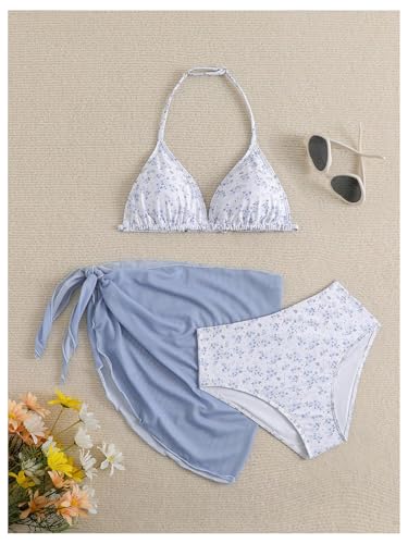 Girls' 3-Piece Swimsuit Set - Halter Triangle Top with Skirts - 12 Years Multicolor