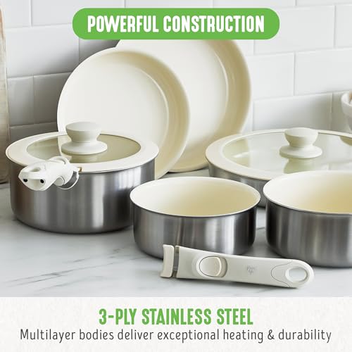 GreenLife Stainless Steel Nonstick 10-Piece Cookware Set with Detachable Handles - Induction Ready, Space Saving, Oven Safe, Glass Lids
