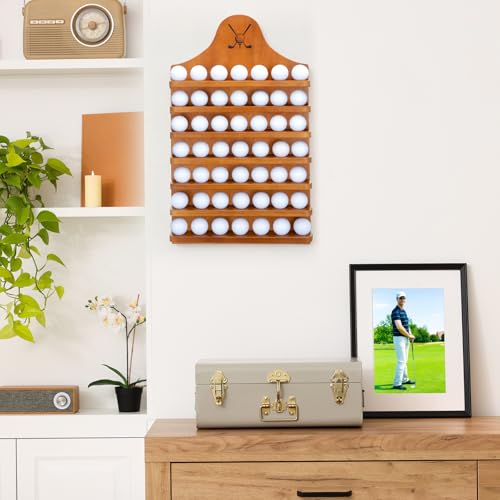 Golf Ball Display Case Wall Mount Wooden Holder for 49 Balls - Light Brown